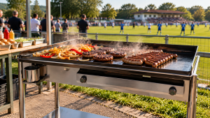 Furlan P850 PRO gas flat top grill at a football club event with burgers and grilled meat
